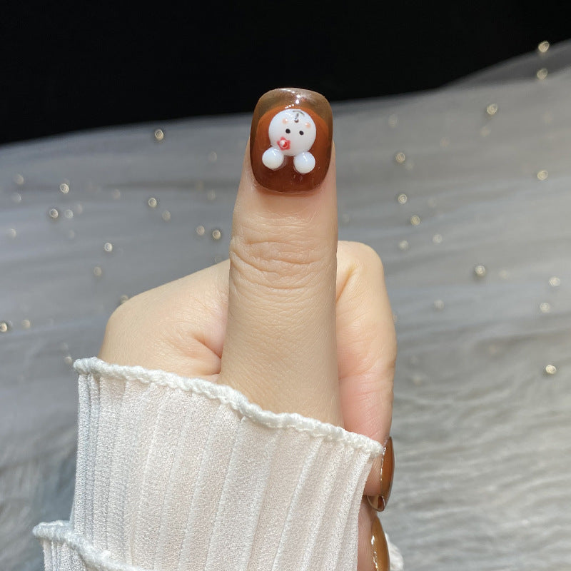 Designer: HuaHua.Handmade nails Press on Nails DIY Nail Art for woman girl Short Square brown Cartoon