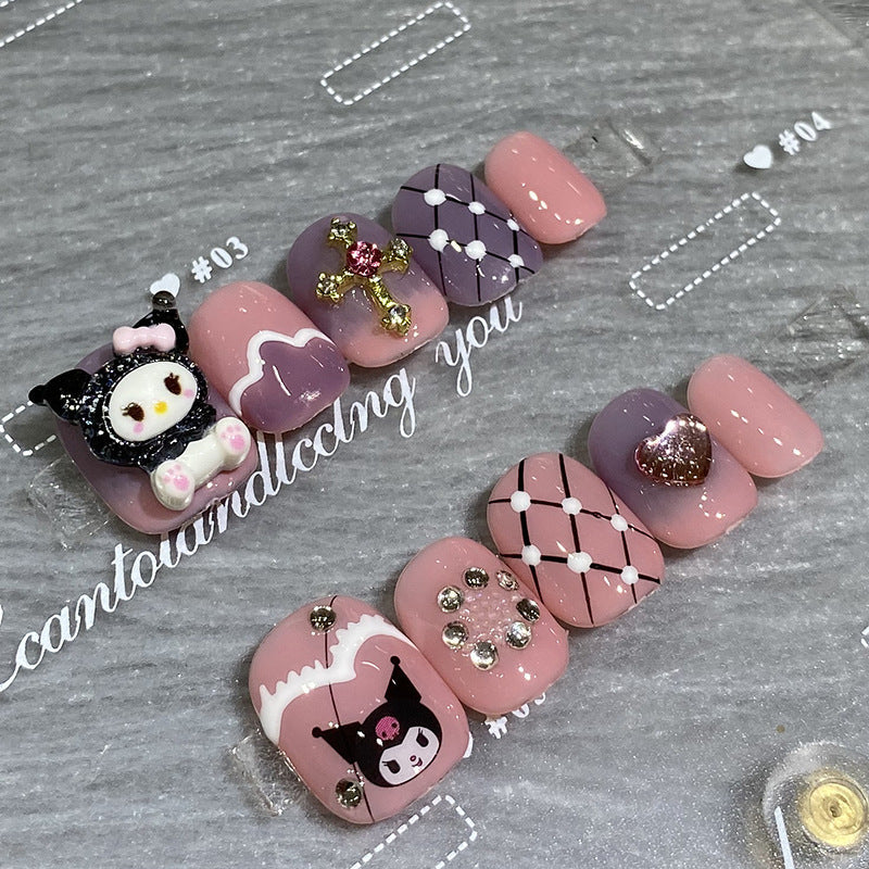 Designer: HuaHua.Handmade nails Press on Nails DIY Nail Art for woman girl Short Square pink purple Cartoon