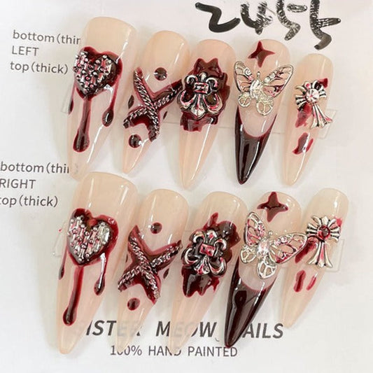 Designer: MeowMeow.Handmade Nail Designs Press on Nails DIY  Nail Art for woman girl Almond Long red