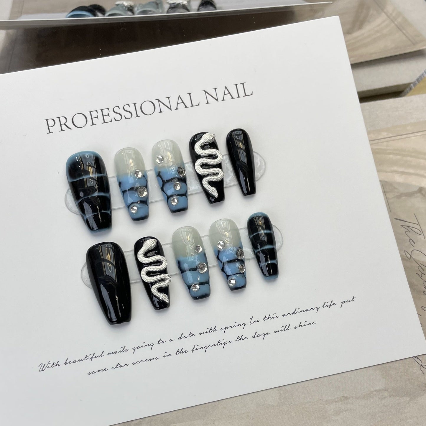 Designer: ManMan Handmade nails Press on Nails DIY Nail Art for woman girl Long Coffin blue black