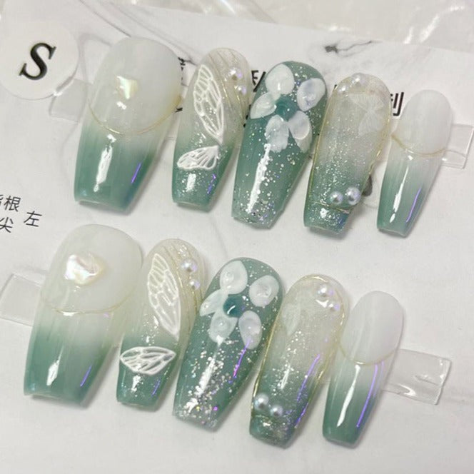 Designer: MeowMeow.1959 Handmade Nail Designs Press on Nails DIY  Nail Art for woman girl Long Coffin green