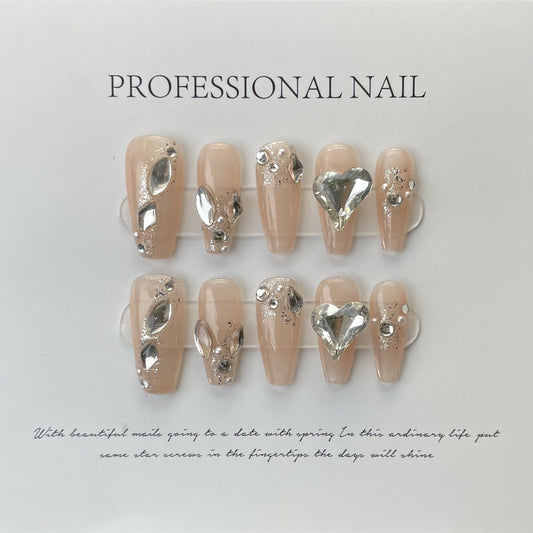 Designer: ManMan Handmade nails Press on Nails DIY Nail Art for woman girl Long Coffin pink rhinestone