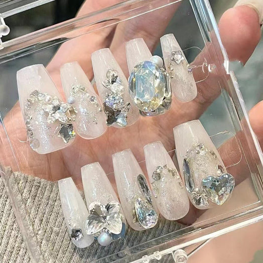 Designer: MeowMeow.Handmade Nail Designs Press on Nails DIY  Nail Art for woman girl Long Coffin white rhinestone