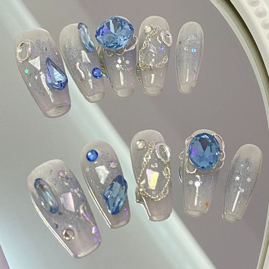 Designer: MaoMao.2955 Handmade Nail Designs Press on Nails DIY  Nail Art for woman girl Long Coffin blue rhinestone