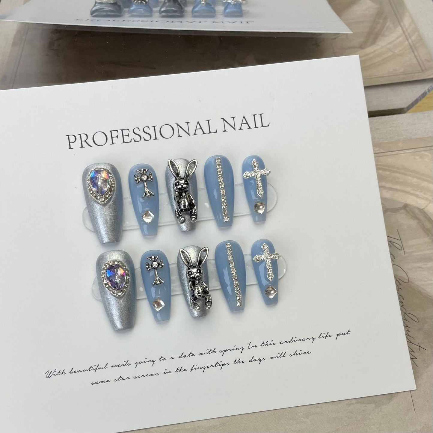 Designer: ManMan Handmade nails Press on Nails DIY Nail Art for woman girl Long Coffin blue