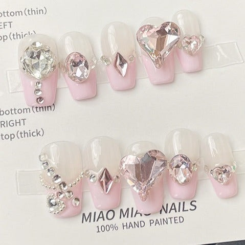 Designer: MeowMeow.Handmade Nail Designs Press on Nails DIY  Nail Art for woman girl Long Coffin pink French rhinestone