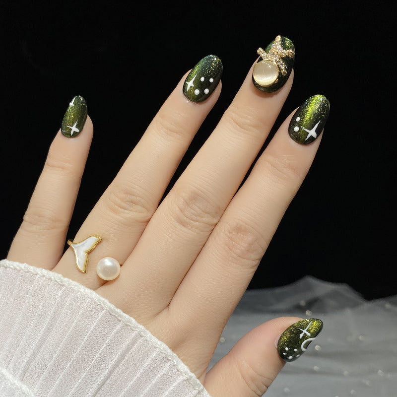 Designer: HuaHua.Handmade nails Press on Nails DIY Nail Art for woman girl Short green