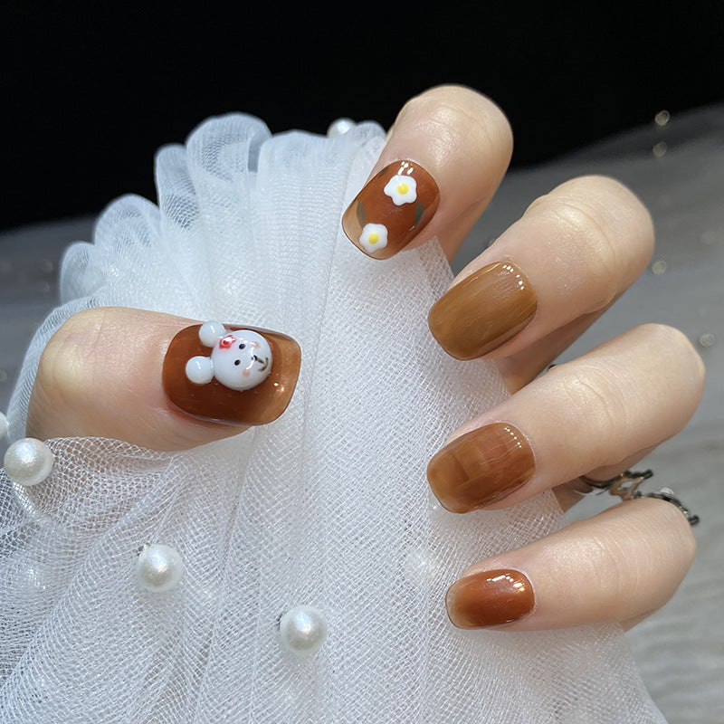 Designer: HuaHua.Handmade nails Press on Nails DIY Nail Art for woman girl Short Square brown Cartoon