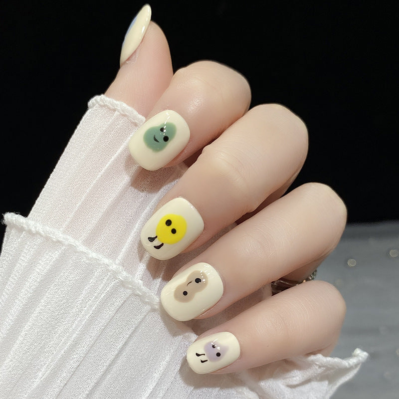 Designer: HuaHua.Handmade nails Press on Nails DIY Nail Art for woman girl Short Square Cartoon white