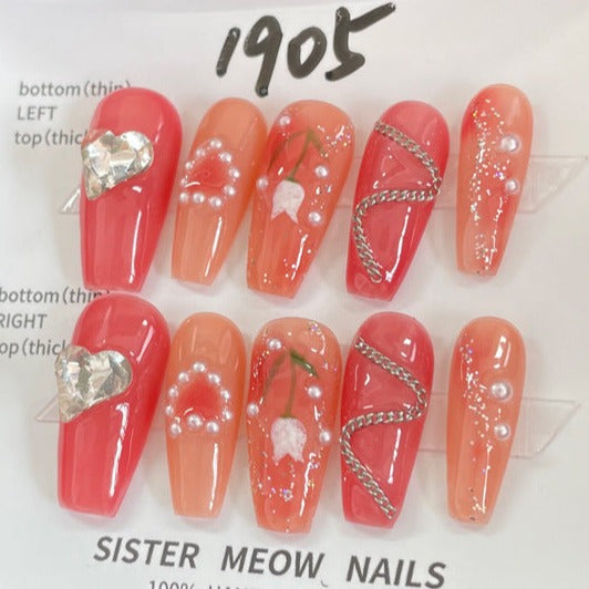 Designer: MeowMeow.Handmade Nail Designs Press on Nails DIY  Nail Art for woman girl Long Coffin pink red rhinestone