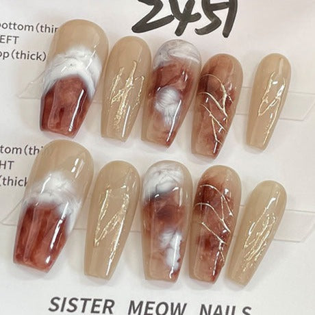 Designer: MeowMeow.Handmade Nail Designs Press on Nails DIY  Nail Art for woman girl Long Coffin brown