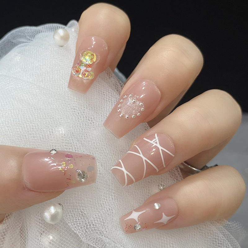 Designer: HuaHua.Handmade nails Press on Nails DIY Nail Art for woman girl Long Coffin pink