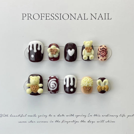 Designer: ManMan Handmade nails Press on Nails DIY Nail Art for woman girl Short Square brown Cartoon