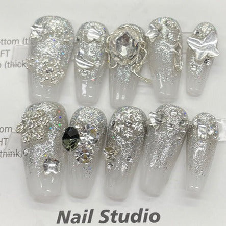 Designer: MeowMeow.Handmade Nail Designs Press on Nails DIY  Nail Art for woman girl Long Coffin white silver wedding