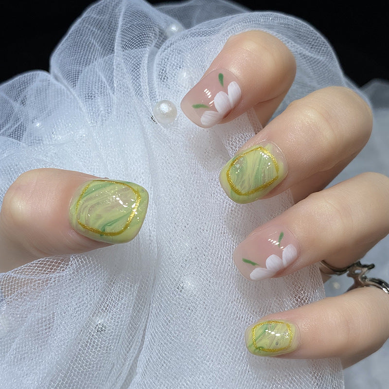 Designer: HuaHua.Handmade nails Press on Nails DIY Nail Art for woman girl  Short Square pink green