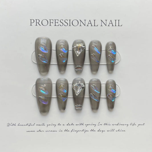 Designer: ManMan Handmade nails Press on Nails DIY Nail Art for woman girl Long Coffin gray