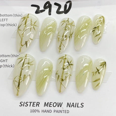 Designer: MeowMeow.Handmade Nail Designs Press on Nails DIY  Nail Art for woman girl Almond Long green