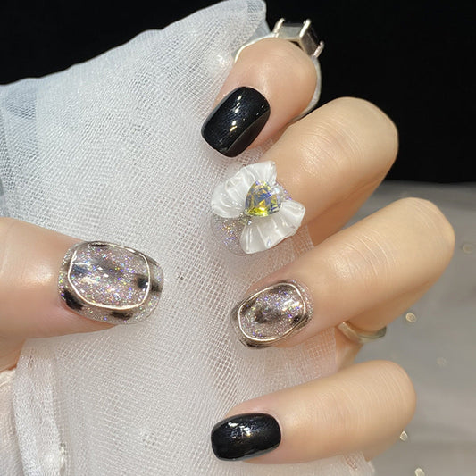 Designer: HuaHua.Handmade nails Press on Nails DIY Nail Art for woman girl Short Square black