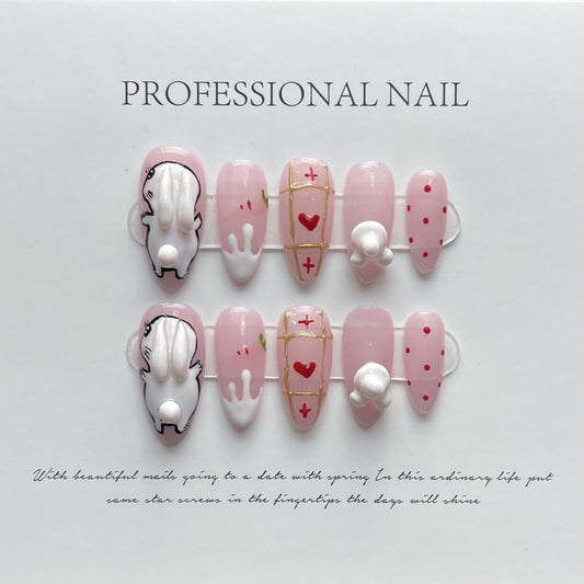 Designer: ManMan Handmade nails Press on Nails DIY Nail Art for woman girl Almond Long pink