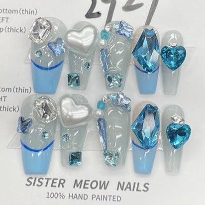 Designer: MeowMeow.Handmade Nail Designs Press on Nails DIY  Nail Art for woman girl Long Coffin blue rhinestone