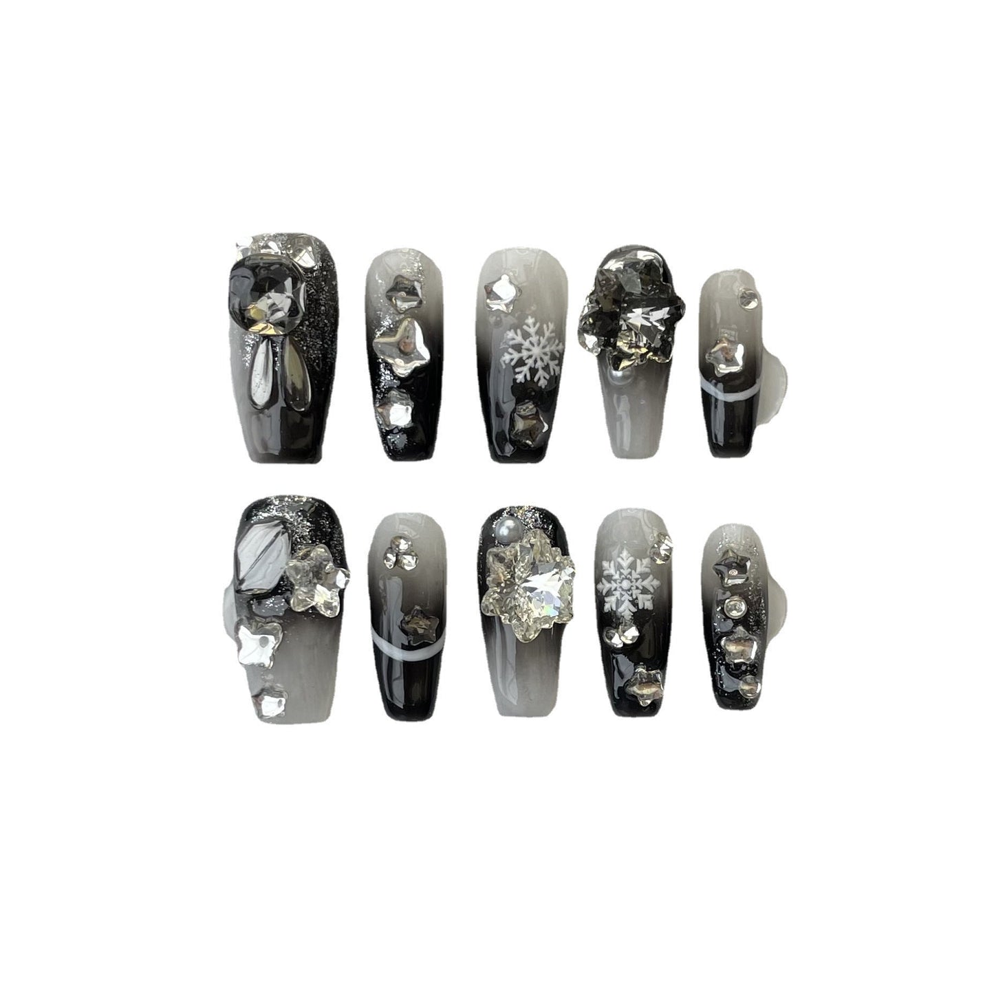 Designer: ManMan Handmade nails Press on Nails DIY Nail Art for woman girl Long Coffin black rhinestone