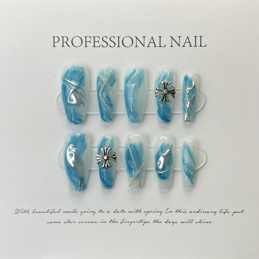 Designer: ManMan Handmade nails Press on Nails DIY Nail Art for woman girl Long Coffin blue