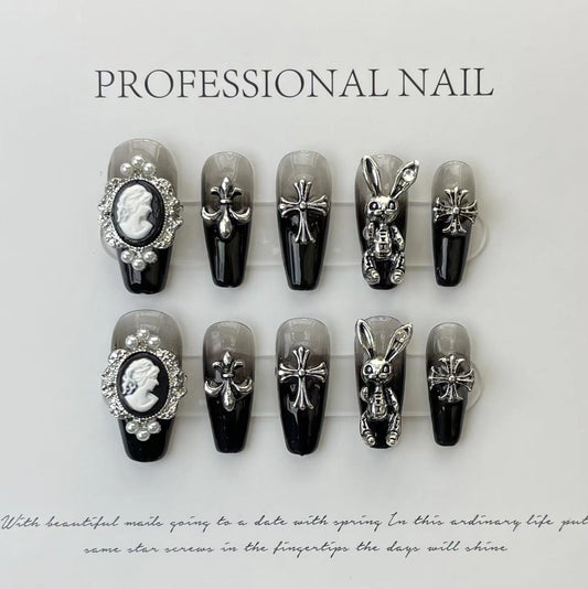 Designer: ManMan Handmade nails Press on Nails DIY Nail Art for woman girl Long Coffin black