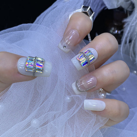 Designer: HuaHua.Handmade nails Press on Nails DIY Nail Art for woman girl Long Square pink rhinestone