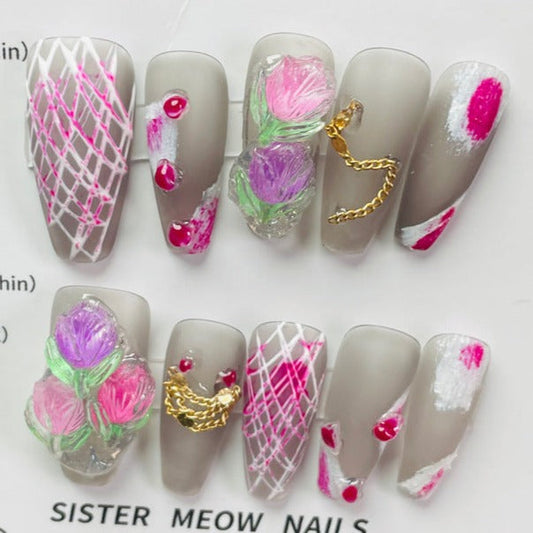 Designer: MeowMeow.Handmade Nail Designs Press on Nails DIY  Nail Art for woman girl Long Coffin pink gray