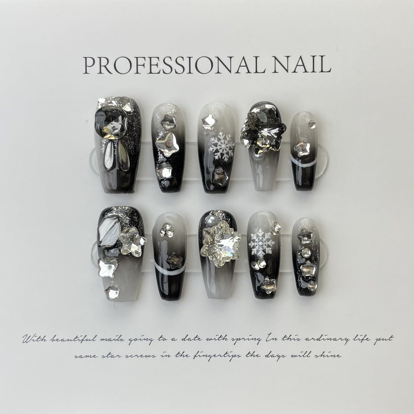 Designer: ManMan Handmade nails Press on Nails DIY Nail Art for woman girl Long Coffin black rhinestone