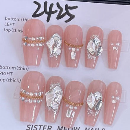 Designer: MeowMeow.Handmade Nail Designs Press on Nails DIY  Nail Art for woman girl Long Coffin pink rhinestone