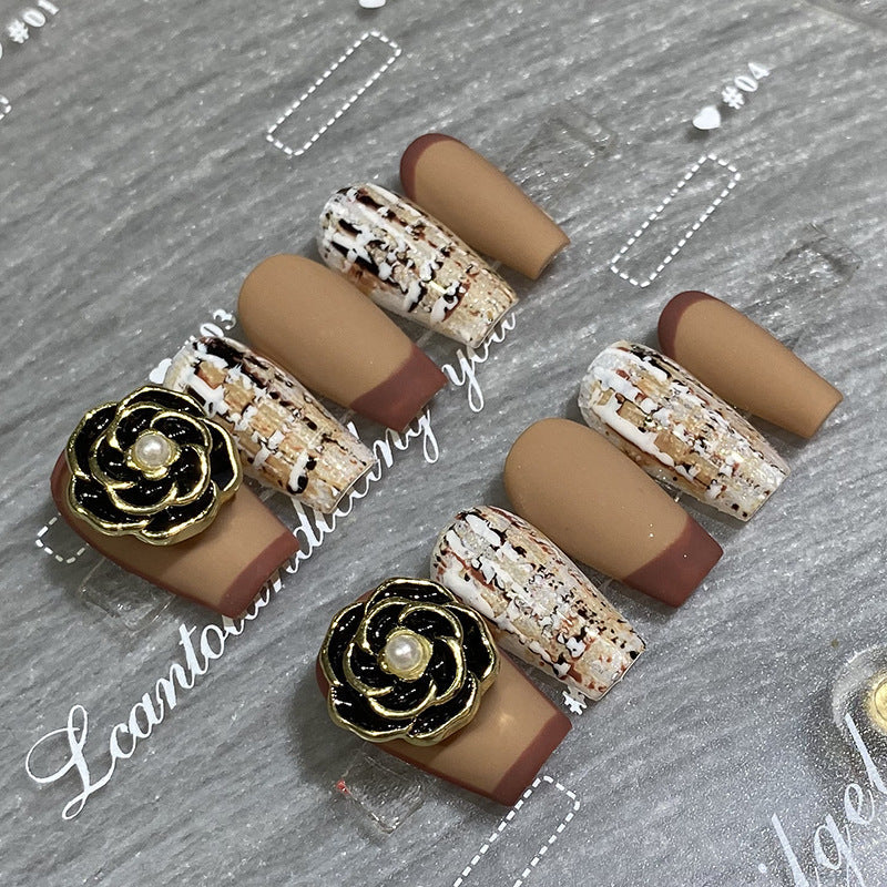 Designer: HuaHua.Handmade nails Press on Nails DIY Nail Art for woman girl Long Coffin brown