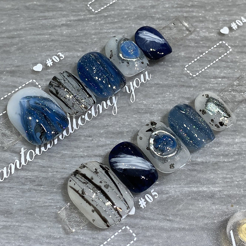 Designer: HuaHua.Handmade nails Press on Nails DIY Nail Art for woman girl Short Square blue