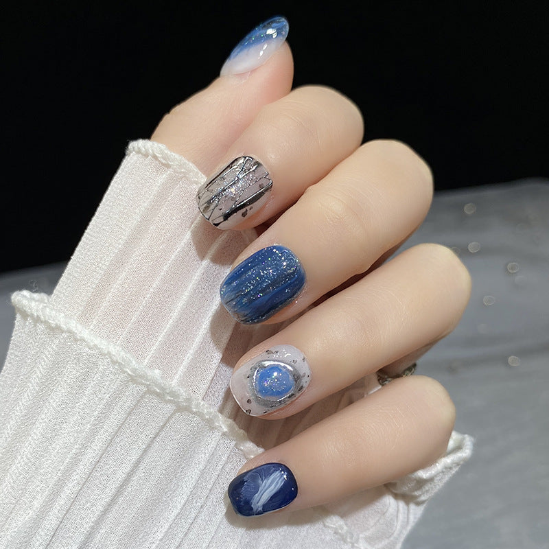 Designer: HuaHua.Handmade nails Press on Nails DIY Nail Art for woman girl Short Square blue