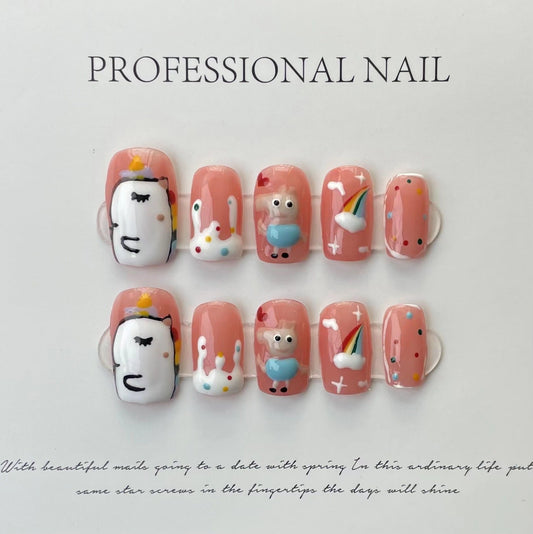 Designer: ManMan Handmade nails Press on Nails DIY Nail Art for woman girl Long Square pink Cartoon