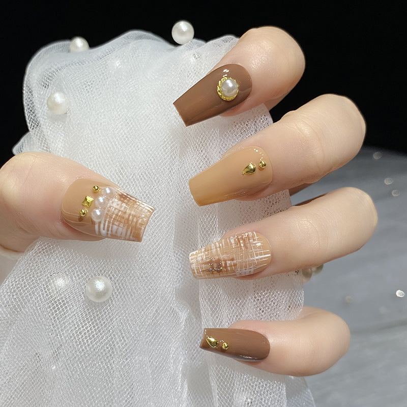 Designer: HuaHua.Handmade nails Press on Nails DIY Nail Art for woman girl Long Coffin brown