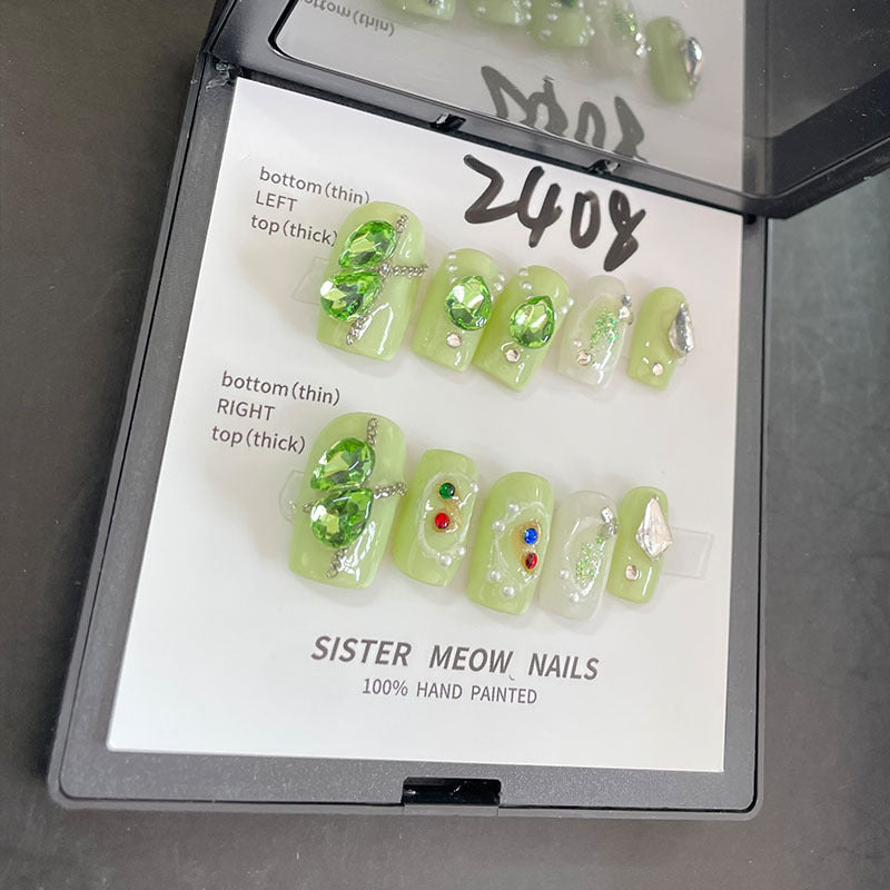 Designer: MeowMeow.Handmade Nail Designs Press on Nails DIY  Nail Art for woman girl Long Square green rhinestone