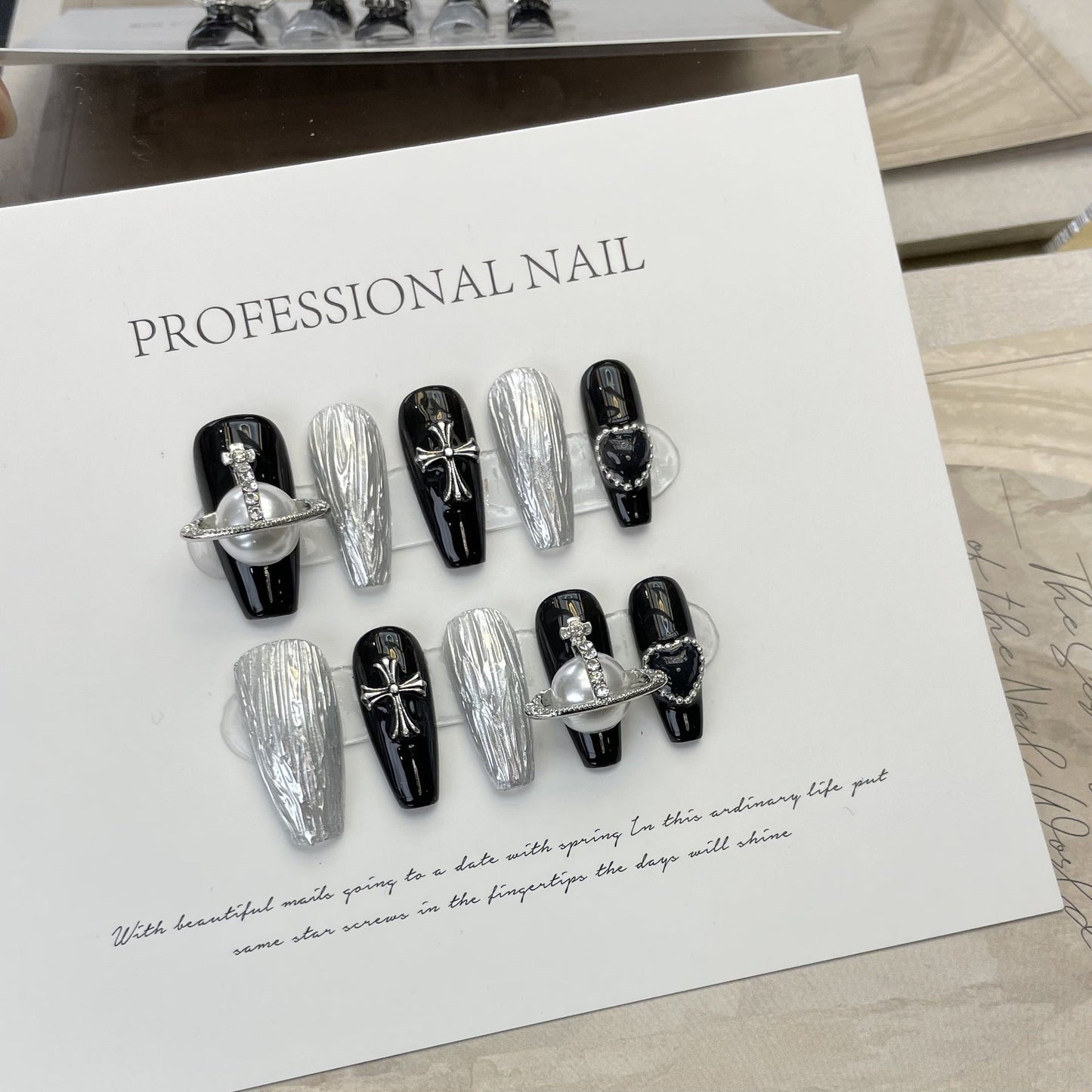 Designer: ManMan Handmade nails Press on Nails DIY Nail Art for woman girl Long Coffin black silver