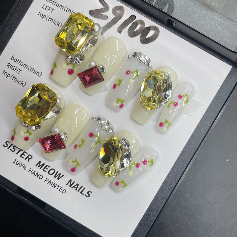 Designer: MeowMeow.Handmade Nail Designs Press on Nails DIY  Nail Art for woman girl Long Coffin rhinestone yellow