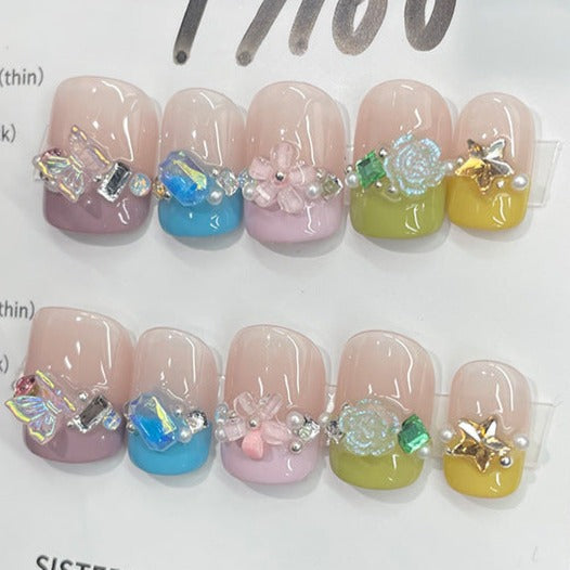 Designer: MeowMeow.Handmade Nail Designs Press on Nails DIY  Nail Art for woman girl Short Square pink French colorful