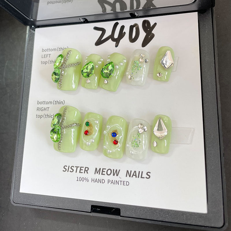 Designer: MeowMeow.Handmade Nail Designs Press on Nails DIY  Nail Art for woman girl Long Square green rhinestone