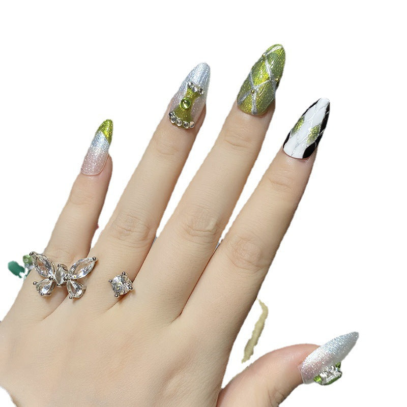 Designer: HuaHua.Handmade nails Press on Nails DIY Nail Art for woman girl Almond Long green silver