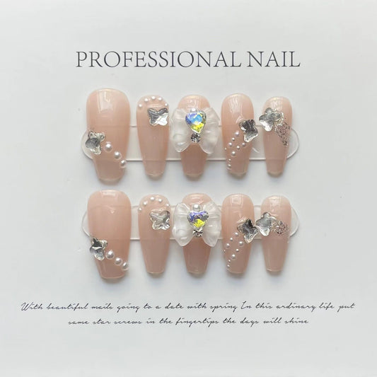 Designer: ManMan Handmade nails Press on Nails DIY Nail Art for woman girl Long Coffin pink