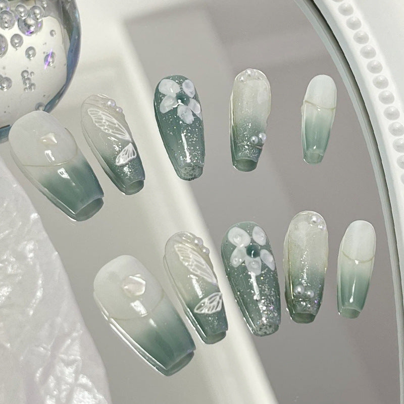 Designer: MeowMeow.1959 Handmade Nail Designs Press on Nails DIY  Nail Art for woman girl Long Coffin green