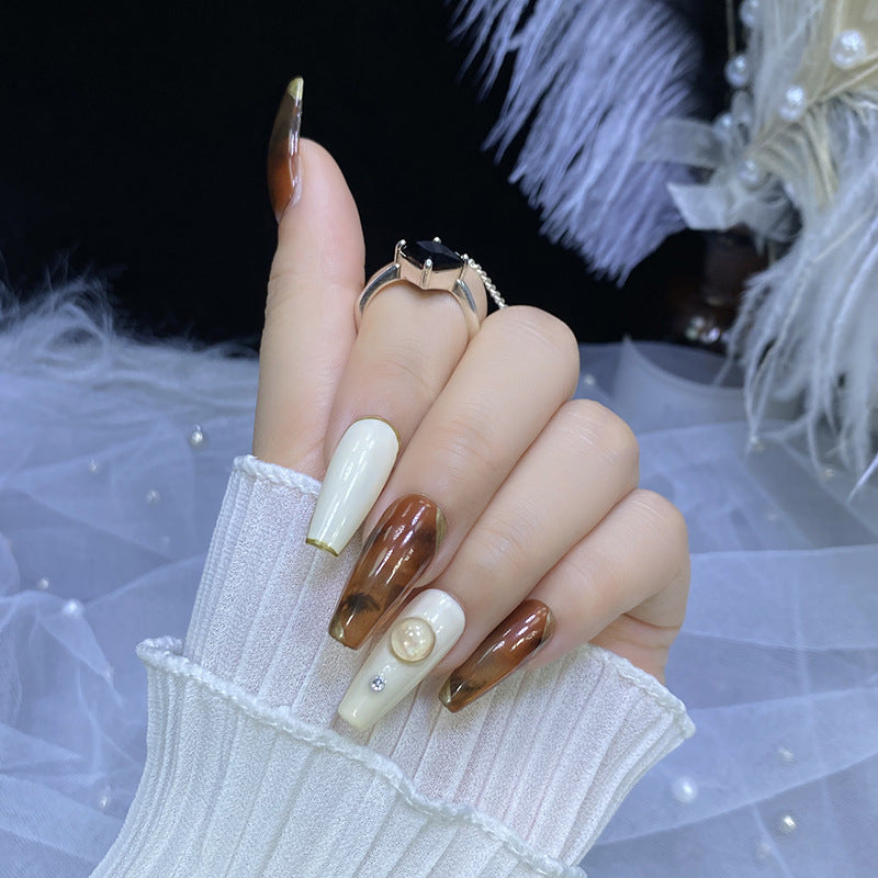 Designer: HuaHua.Handmade nails Press on Nails DIY Nail Art for woman girl Long Coffin  brown