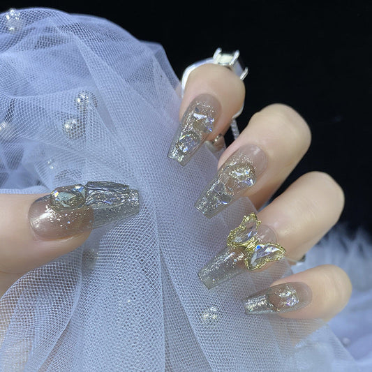 Designer: HuaHua.Handmade nails Press on Nails DIY Nail Art for woman girl Long Coffin silver