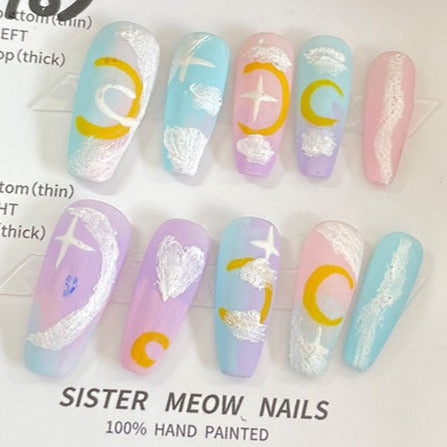 Designer: MeowMeow.Handmade Nail Designs Press on Nails DIY  Nail Art for woman girl Long Coffin pink colorful