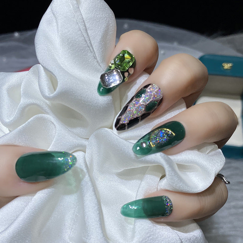 Designer: HuaHua.Handmade nails Press on Nails DIY Nail Art for woman girl Almond Long green