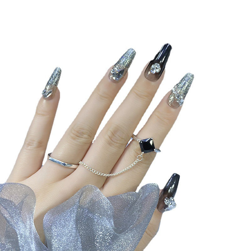 Designer: HuaHua.Handmade nails Press on Nails DIY Nail Art for woman girl Long Coffin black gray