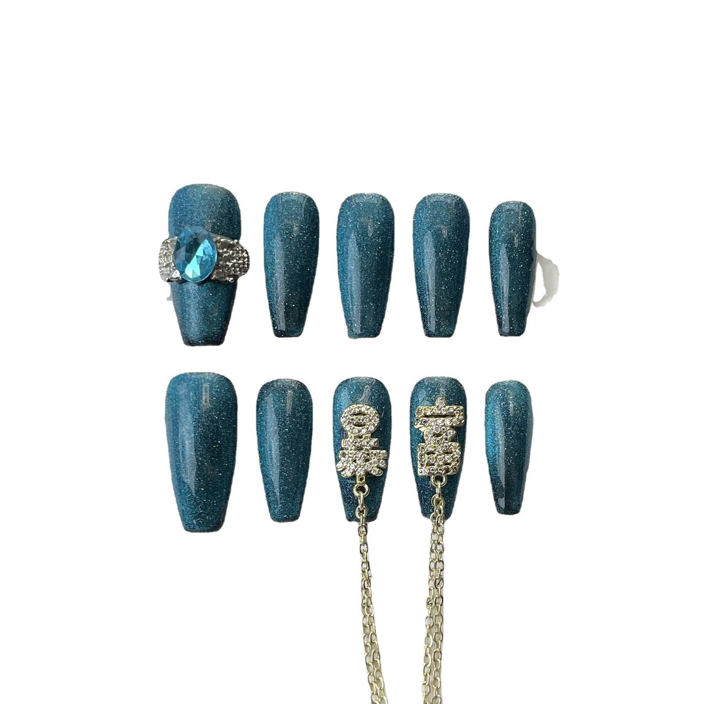 Designer: ManMan Handmade nails Press on Nails DIY Nail Art for woman girl Long Coffin green blue